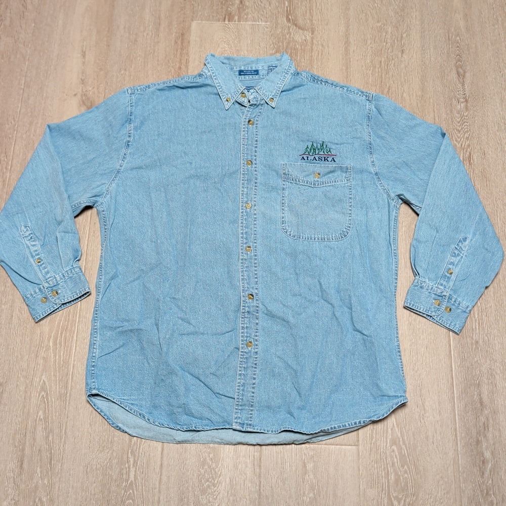 Vintage All Sport Denim Shirt Mens L Fits XL Chambray Alaska Embroidered Cotton